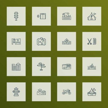 Şehir kutsal kişilerin resmi stil Asansör, Emniyet Müdürlüğü, kumaş ve diğer fireplug öğeleri kümesi satır. İzole vektör çizim şehir simgeler.