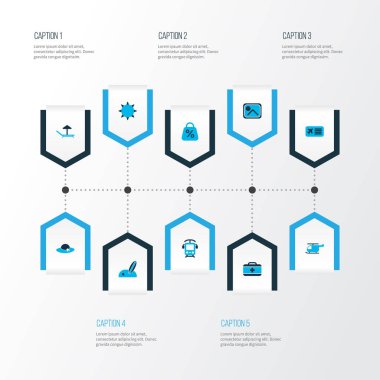 Simgeler renkli set güneş, elektrikli tren, tembel ve diğer satış elemanları ile seyahat. İzole vektör illüstrasyon seyahat simgeler.