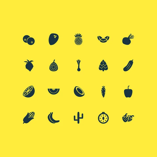 Iconos de alimentos con frutas, zanahorias, piñas y otros elementos de frutas tropicales. Iconos de alimentos de ilustración vectorial aislado . — Vector de stock