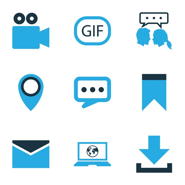 Media icons colored set with pinpoint, down arrow, laptop and other video conversation elements. Isolated vector illustration media icons.