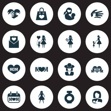 Anneler günü simgesi tasarım konsepti. Zarf, duygu ve sevgi dolu 16 gibi öğeleri kümesi. Kalp, anne ve kadın için güzel sembolleri.