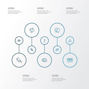 Çizgi stili simgeler yemek bıçağı, çay bardağı ve diğer sürahi öğeleri doğrama elek ile ayarlayın. İzole illüstrasyon simgeler pişirme.