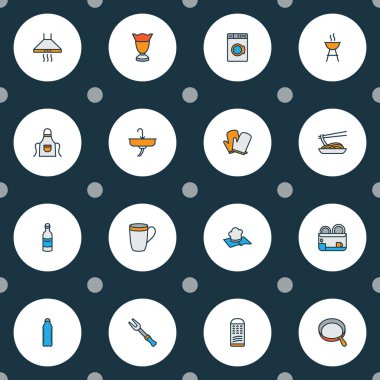 Barbekü, tarif kitabı, rende ve diğer erişte öğeleri ile ayarla satır renkli simgeler pişirin. İzole illüstrasyon aşçı simgeler.