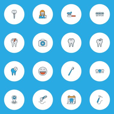 Diş çekimi, diş hekimi kadın, diş ve sağlık diğer öğeleri ile ayarla satır renkli emaye simgeler. İzole illüstrasyon emaye simgeler.