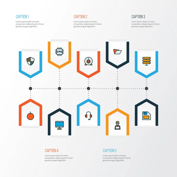 Ícones de hardware colorido conjunto de linha com escudo, disquete, pasta e outros elementos de caso de documento. Ícones de hardware de ilustração isolados . — Fotografia de Stock