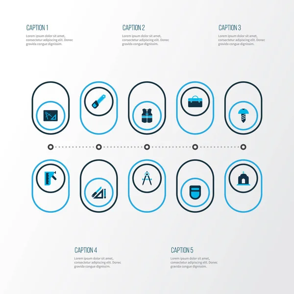 Ipari ikonok színes rajz szett készlet, rajz, adaptáció, csavarral és más katolikus elemek. Elszigetelt ábra ipari ikonok. — Stock Fotó