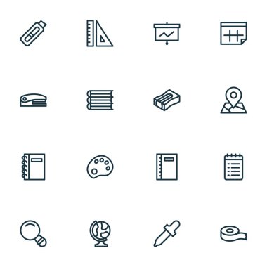 Kırtasiye simge stil kalemtıraş, viski, kesme bıçağı ve yapışkanlı diğer öğeleri kümesi satır. İzole vektör çizim Kırtasiye simgeler.