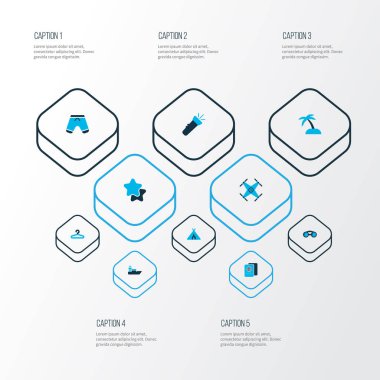 Simgeler renkli küme dürbün, quadrupter, gemi ve diğer gemi öğeleri ile seyahat. İzole vektör illüstrasyon seyahat simgeler.