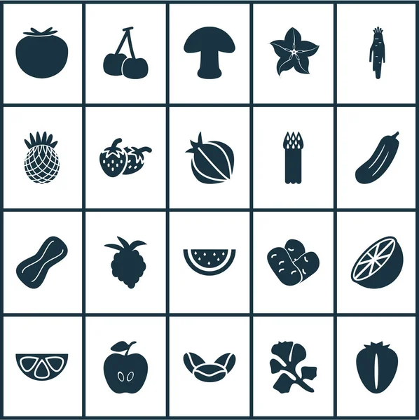 Conjunto de iconos vegetales con pepinillos, carambola, cacahuete y otros elementos de fresa. Iconos de vegetales de ilustración vectorial aislado . — Archivo Imágenes Vectoriales