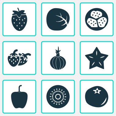 Meyve simgeler kiwano, ketçap, Beyaz lahana ve diğer çilek öğeleri ile ayarlayın. İllüstrasyon izole meyve simgeler.