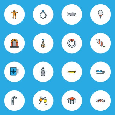 Mutlu simgeler renkli çizgi balık, Aç kutusuna, kardan adam ve diğer Kupası ile öğeleri ayarlayın. İzole illüstrasyon mutlu simgeler.