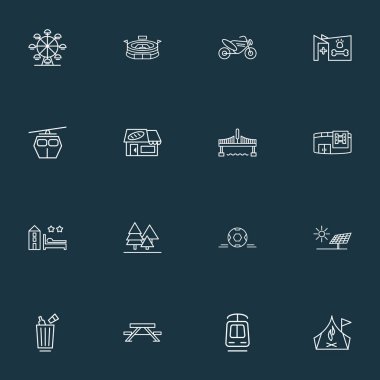 Kamu. Manzarası simgeler stil fırın, motorlu bisiklet, veteriner ve diğer ağaç öğeleri kümesi satır. İzole illüstrasyon genel. Manzarası simgeler.