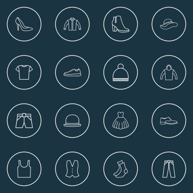 Giysi simgeler çizgi stili yelek, çorap, Bayan çizme ve diğer kazak ile öğeleri ayarlayın. İzole illüstrasyon giysi simgeler.