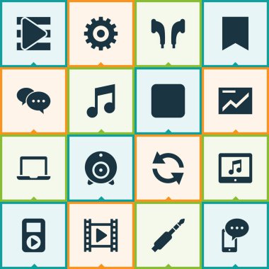 Multimedya simgeler tanıtımı, yer işareti, web cam ve diğer kulaklık öğeleri ile ayarlayın. İzole illüstrasyon Multimedya simgeler.