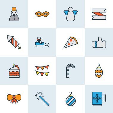 Tatil simgeler şerit afiş, Festival maskesi, kiraz kuşu ve diğer lolipop öğeleri ile ayarla satır renkte. İzole illüstrasyon tatil simgeler.