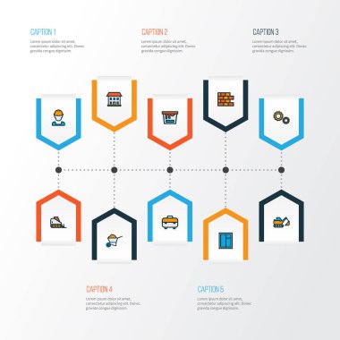 Sanayi simgeleri renkli çizgi tuğla, karikatür, ev ve diğer alt öğeleri ile ayarla. İzole illüstrasyon sanayi simgeleri.