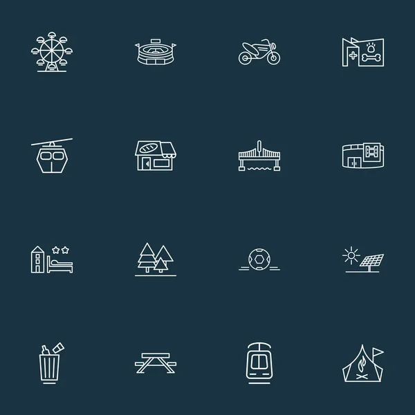 Pubblico. Skyline icone linea stile set con panetteria, moto, elementi veterinari e altri alberi. Illustrazione pubblica isolata. Icone Skyline . — Foto Stock