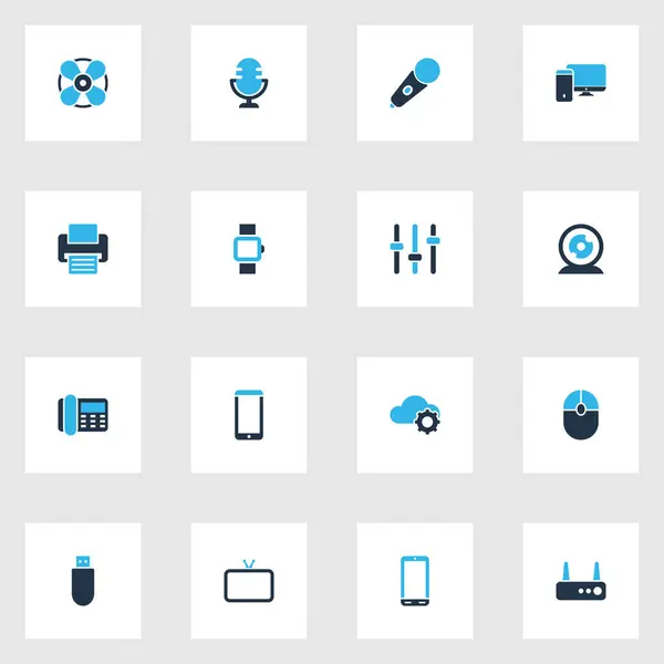 Conjunto de iconos electrónicos de colores con enrutador, smartphone, ratón y otros elementos de clic. Iconos electrónicos de ilustración aislados . — Foto de Stock