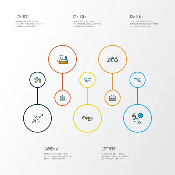 Ícones do aeroporto linha colorida definida com edifício do aeroporto, mala, cinto de segurança e outros elementos passarela. Ícones isolados do aeroporto de ilustração . — Fotografia de Stock