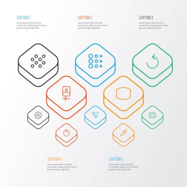 Resim simge stil pipet, Chronometre, çerçeve ve diğer kamera açık öğeleri kümesi satır. İzole vektör çizim görüntü simgeler.