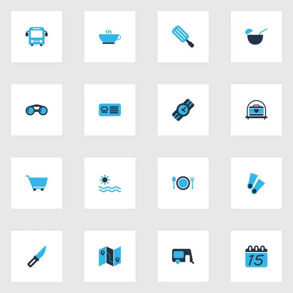 Ensemble d'icônes de voyage colorées avec café, couteau, bus et autres éléments de bus. Isolation vectorielle illustration voyage icônes . — Image vectorielle