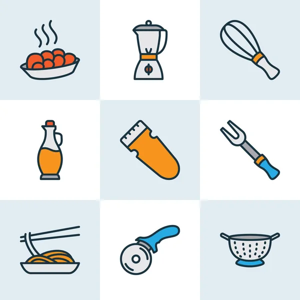 Simgeler renkli çizgi sıcak yemek, pizza bıçağı, Japon yemekleri ve diğer Barbekü aracı öğeleri ile pişirin. İzole vektör çizim aşçı simgeler. — Stok Vektör