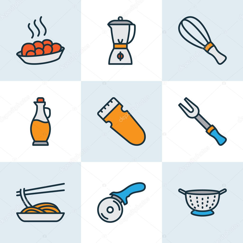 Cook icons colored line set with hot meal, pizza knife, japanese food and other bbq tool elements. Isolated vector illustration cook icons.