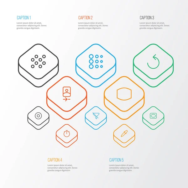 Image icônes style ligne réglée avec pipette, chronomètre, cadre et autres éléments avant de la caméra. Isolé icônes d'image d'illustration . — Photo