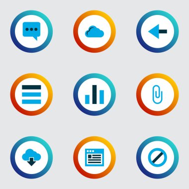 Ayarla sohbet, depolama, eklemek renkli arayüzü simgeleri ve diğer öğeleri klip. İzole vektör çizim arayüzü simgeler.