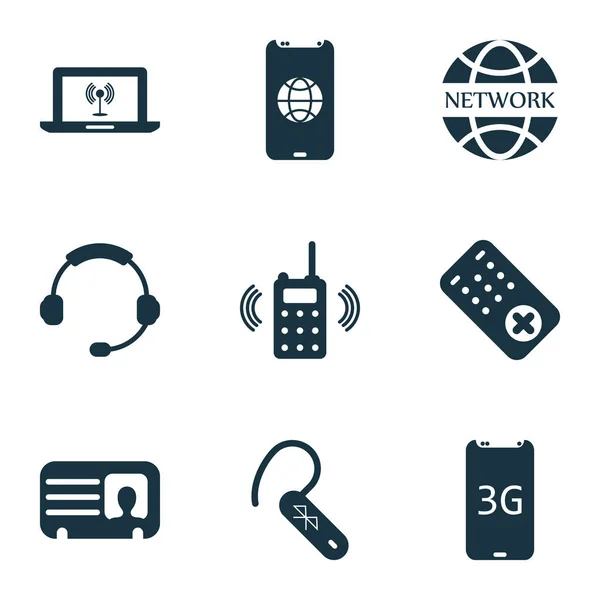 Kapcsolatjelző ikonok készlet 3g smartphone, férfi kártya, walkie-talkie és fülhallgató elemeivel. Elszigetelt vektoros illusztráció kapcsolatok ikonjai. — Stock Vector