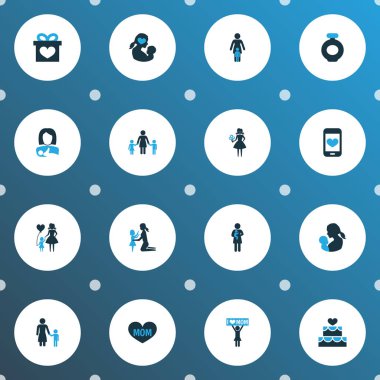 Anneler günü simgesi renkli tasarım konsepti. Kişi, çocuk ve kadın 16 gibi öğeleri kümesi. Anne, Bebek ve kadın için güzel sembolleri.