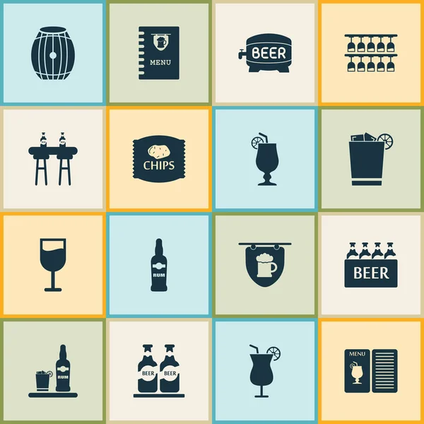 Алкогольні значки встановлені з коктейлем, барною стійкою, чіпсами та іншими елементами контейнерів. Ізольовані ілюстрації алкогольних значків . — стокове фото
