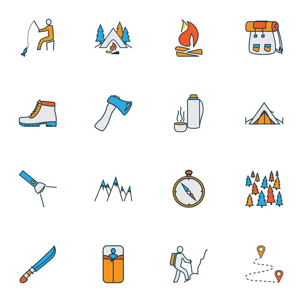 Tourismus-Symbole farbige Linie Set mit Rucksack, Reiseziel, Angeln und andere Felselemente. isolierte Illustration Tourismus-Ikonen. — Stockfoto