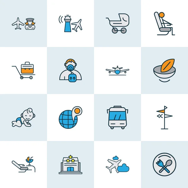 Icone da viaggio colorate con valigetta, aereo nella nuvola, torre di controllo e altri elementi per carrozzine. Isolate icone di viaggio illustrazione . — Foto Stock
