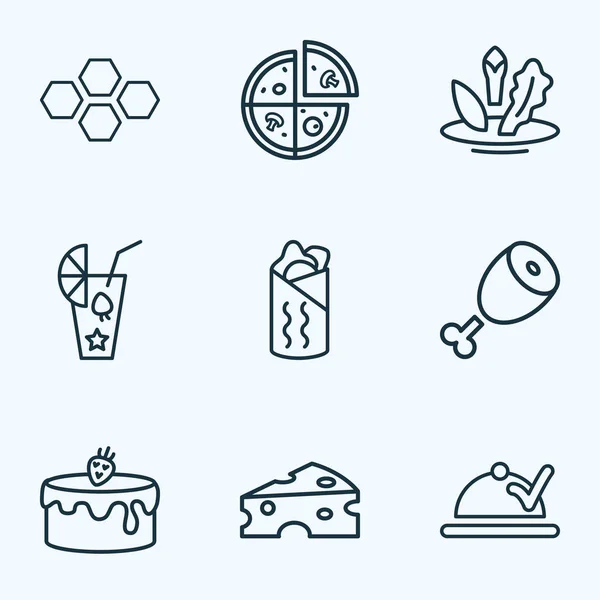 Élelmiszer-ikonok vonal stílus készlet smoothie, méz fésű, shawarma és pepperoni elemeivel. Elszigetelt illusztráció élelmiszer-ikonok. — Stock Fotó