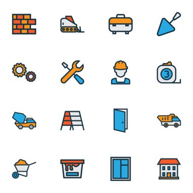 Sanayi simgeleri satır kümesi boya kovası, araçlar, pencere ve diğer kova öğeleri ile renkli. İzole vektör çizim sanayi simgeleri.