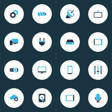 Teknoloji simgeler kümesi tv, monitör, ayarı ve diğer sunum elemanları ile renkli. İzole vektör çizim teknoloji simgeleri.