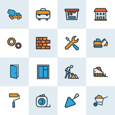İnşaat simgeler renkli çizgi penceresi, buldozer, araç kutusu ve diğer duvar resmi ile öğeleri ayarlayın. İzole vektör illüstrasyon inşaat simgeler.