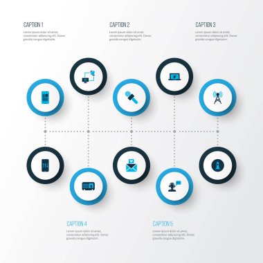 İletişim simgeler aşk mektubu, çevrimiçi iletişim, mikrofon ve diğer ekolayzer öğeleri kümesi renkte. İzole vektör çizim iletişim simgeler.