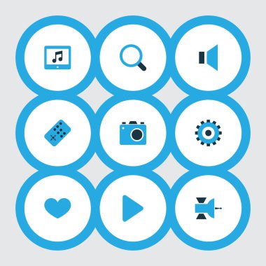 Müzik simgeler kümesi ile sessiz, fotoğraf cihazları, uzak ve diğer Büyüteç öğeleri renkli. İzole vektör illüstrasyon müzik simgeleri.