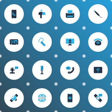 İletişim simgeler smartphone, kadın kart, yazıcı ve diğer postbox öğeleri çağrısıyla küme renkte. İzole vektör çizim iletişim simgeler.