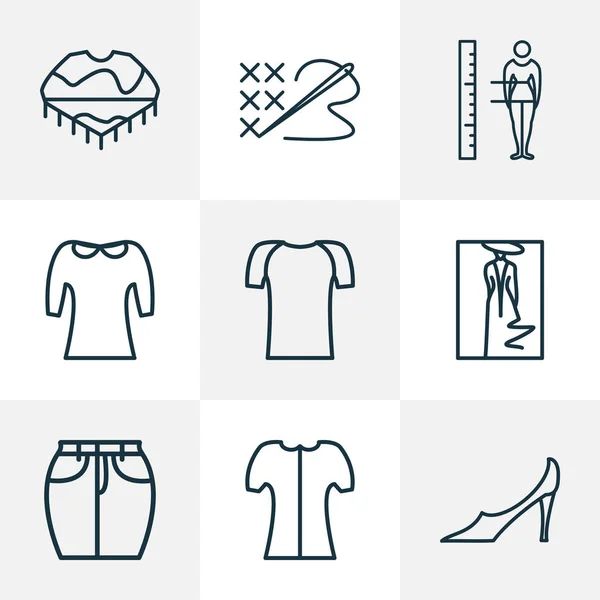 Estilo de linha de ícones na moda definido com medição do corpo, esboço de moda, camisa de manga de sino e outros elementos de vestuário. Isolado vetor ilustração ícones da moda . —  Vetores de Stock