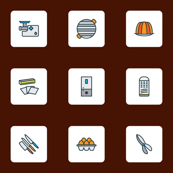 Iconos de cocina de color conjunto de línea con rallador, juego de cuchillos, tijeras de cocina y otros elementos de Pascua. Iconos de cocina de ilustración vectorial aislado . — Vector de stock