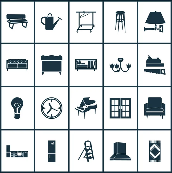 Iconos de decoración para el hogar con reloj de pared, perchero, sillón moderno y otros elementos del parque. Iconos de decoración del hogar de ilustración vectorial aislado . — Archivo Imágenes Vectoriales