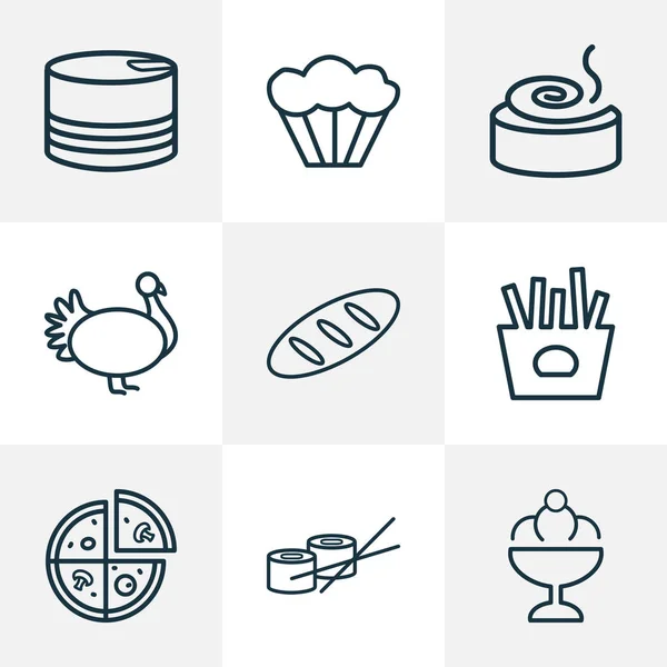 Їжа піктограм лінійного стилю встановлюється з корицею, картоплею фрі, хлібом та іншими елементами булочки. Ізольовані Векторні ілюстрації їдять піктограми . — стоковий вектор