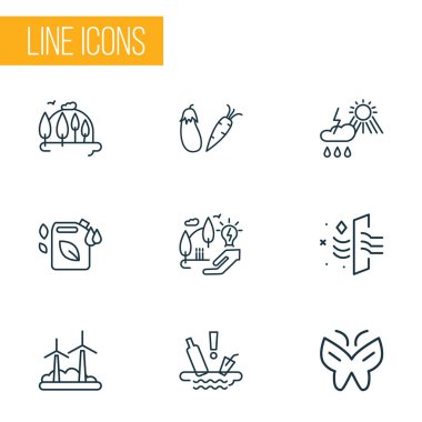 Kelebek, orman, ekolojik yakıt ve diğer iklim elementleriyle eko ikon çizgileri oluşturuldu. İzole vektör illüstrasyon eko simgeleri.