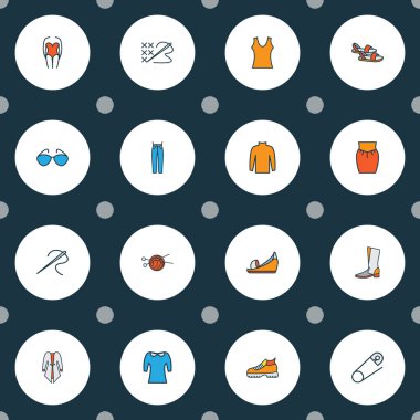 Sitil simgeleri emniyet iğnesi, üst, hırka ve diğer ayakkabı unsurlarıyla birlikte ayarlandı. İzole vektör illüstrasyon biçimi simgeleri.