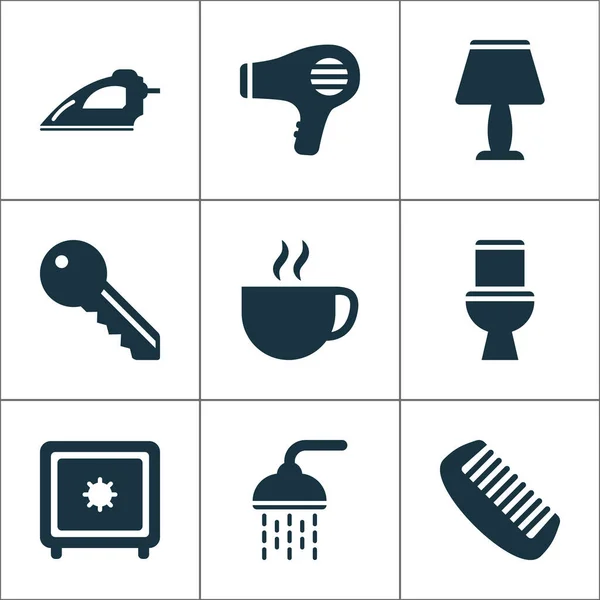 Conjunto de iconos turísticos con lámpara, baño, plancha y otros elementos luminosos. Iconos de turismo de ilustración vectorial aislado . — Vector de stock