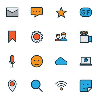 Gif etiketi, sosyal ağ, yer imi ve diğer kapalı unsurlarla sosyal simgeler renklendirildi. İzole vektör illüstrasyon sosyal simgeleri.