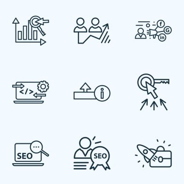 SEO simge çizgisi biçimi başlangıç, yükleme, SEO uzmanı ve diğer sosyal medya elemanları ile ayarlandı. İzole vektör illüstrasyon SEO simgeleri.